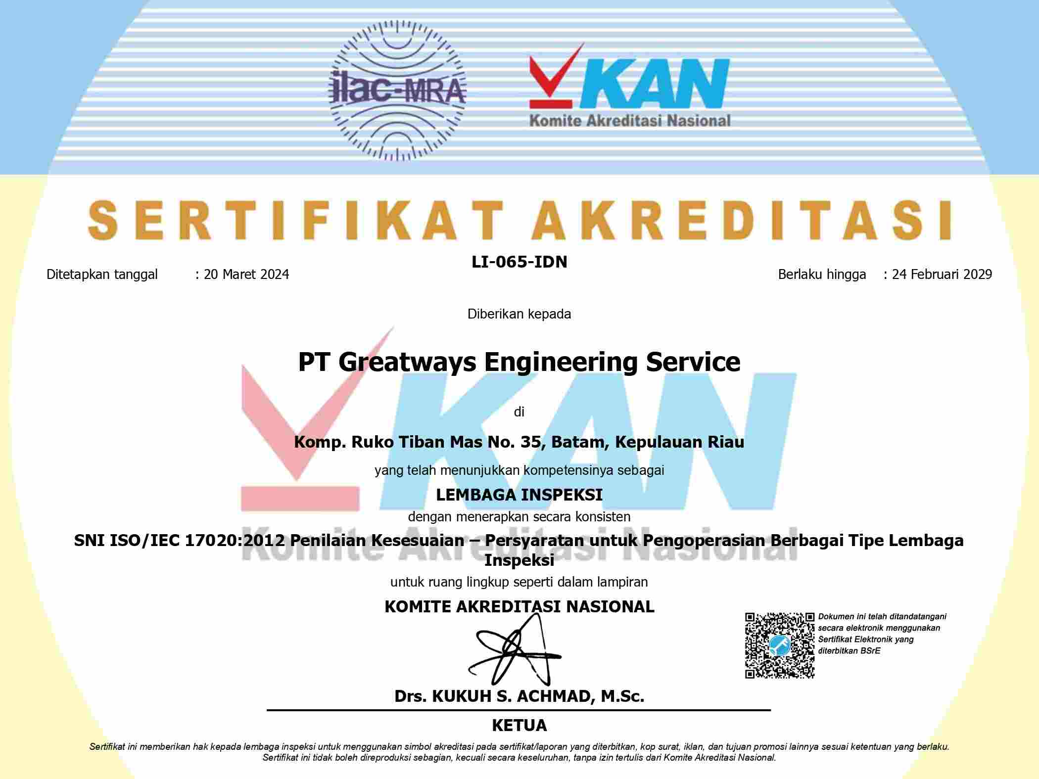 PT Greatways NDT - KAN Certificate ISO/IEC 17020:2012