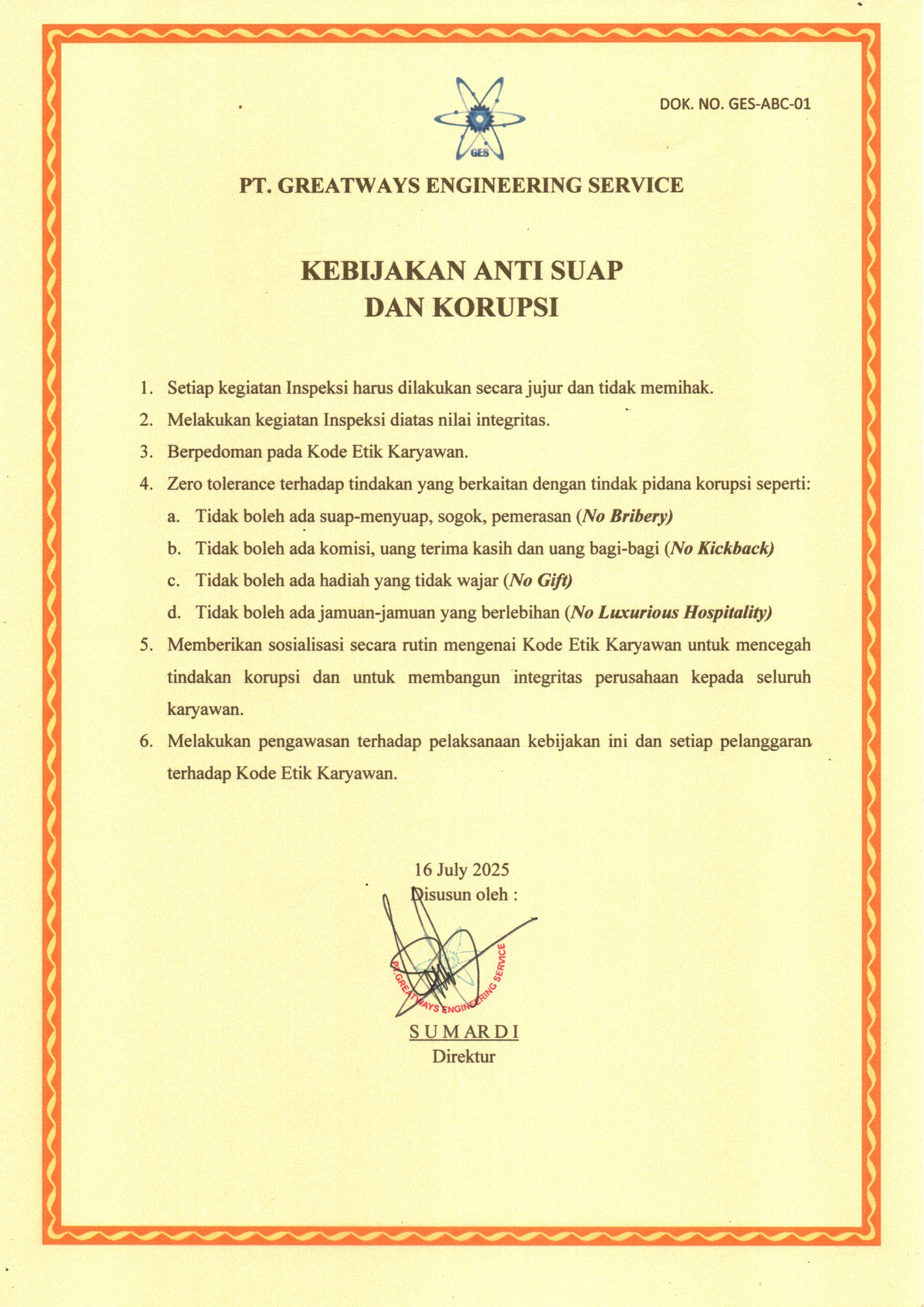 Kebijakan Anti Suap dan Korupsi - PT Greatways Engineering