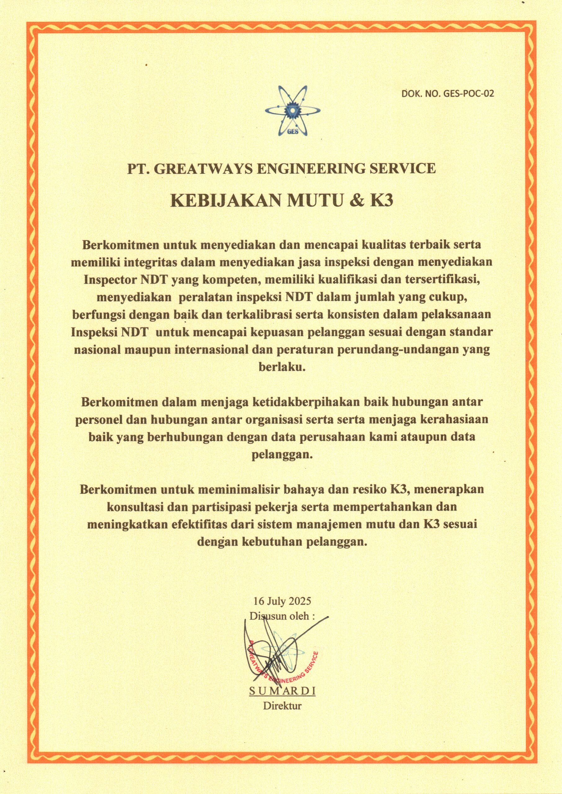 Kebijakan Mutu dan K3 - PT Greatways Engineering
