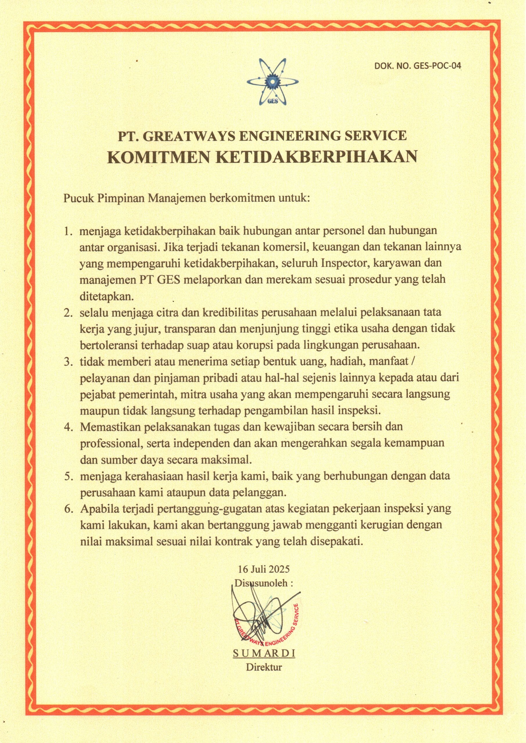 Komitmen Ketidakberpihakan - PT Greatways Engineering
