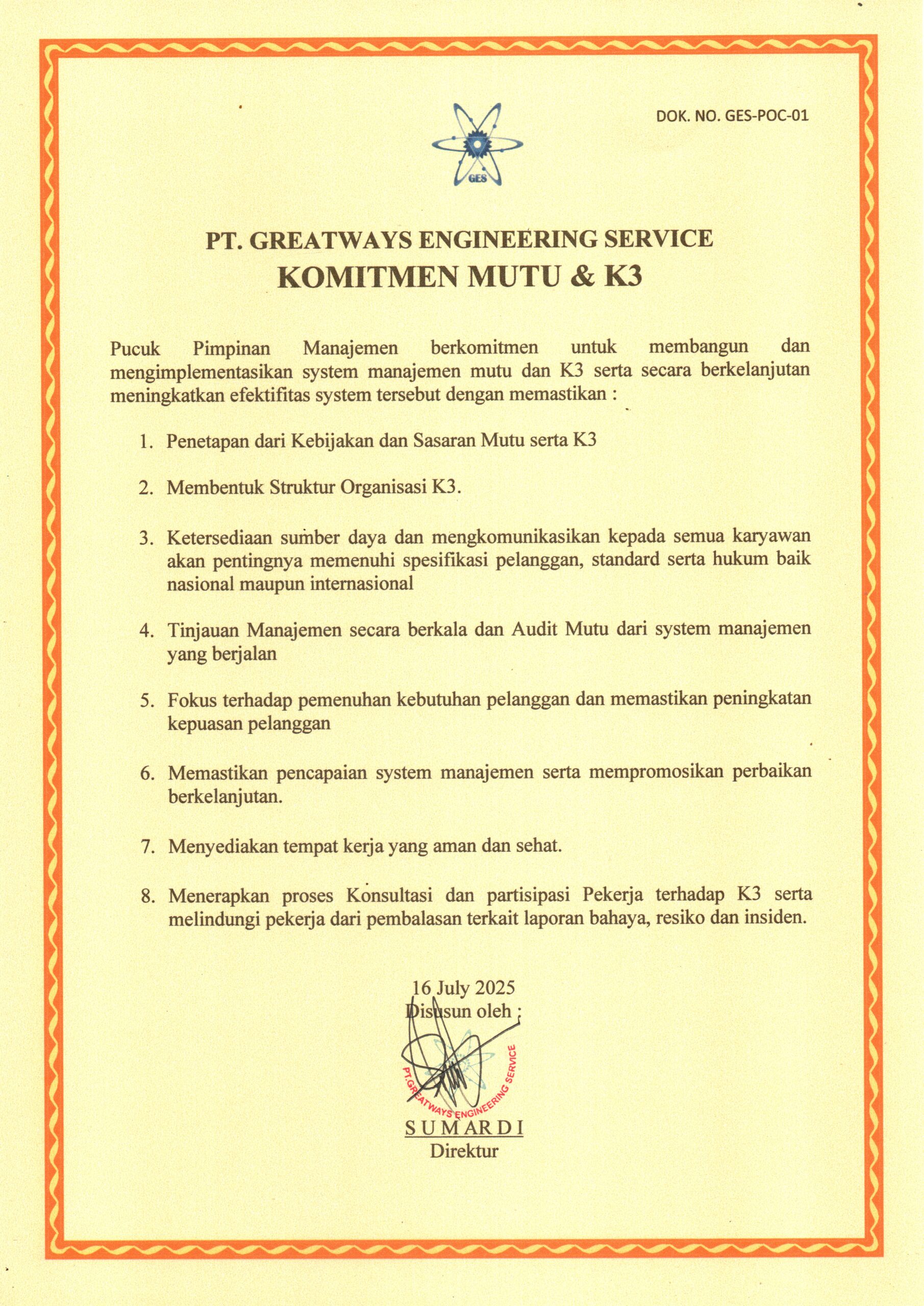 Komitmen Mutu dan K3 - PT Greatways Engineering